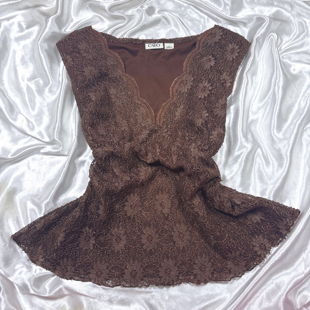 y2k Sleeveless Blouse Brown Good Cato Floral Lace Shimmer V-Neck Peplum Top
